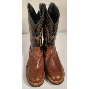 Larry Mahan Ostrich Quill Men 7.5D Black Brown Leather Western Boots